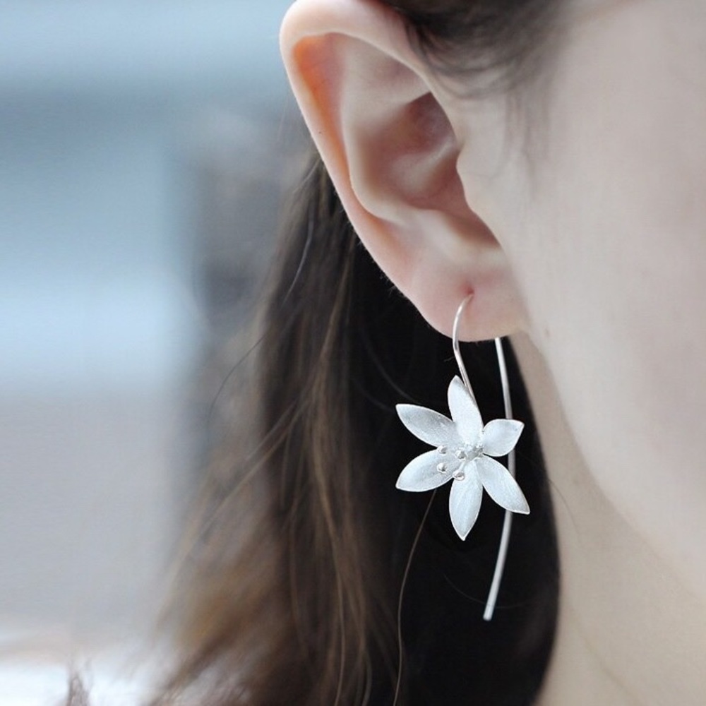 Silver Floral Threader Earrings - Picture 5 of 6